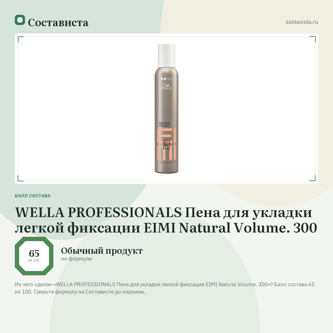 WELLA PROFESSIONALS Пена для укладки легкой фиксации EIMI Natural Volume. 300: балл состава 65 из 100 — Состависта