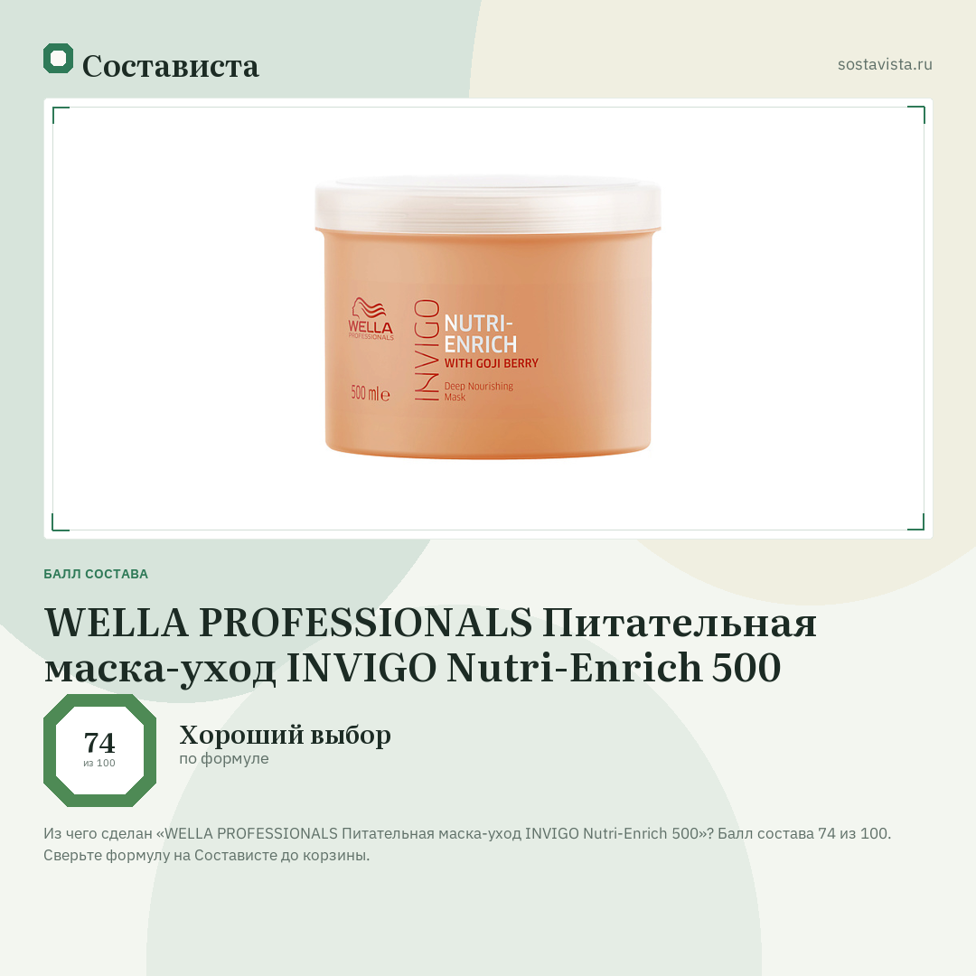 WELLA PROFESSIONALS Питательная маска-уход INVIGO Nutri-Enrich 500: балл состава 74 из 100 — Состависта