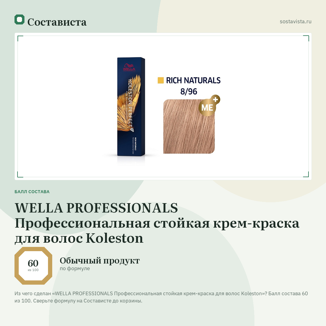 WELLA PROFESSIONALS Профессиональная стойкая крем-краска для волос Koleston: балл состава 60 из 100 — Состависта