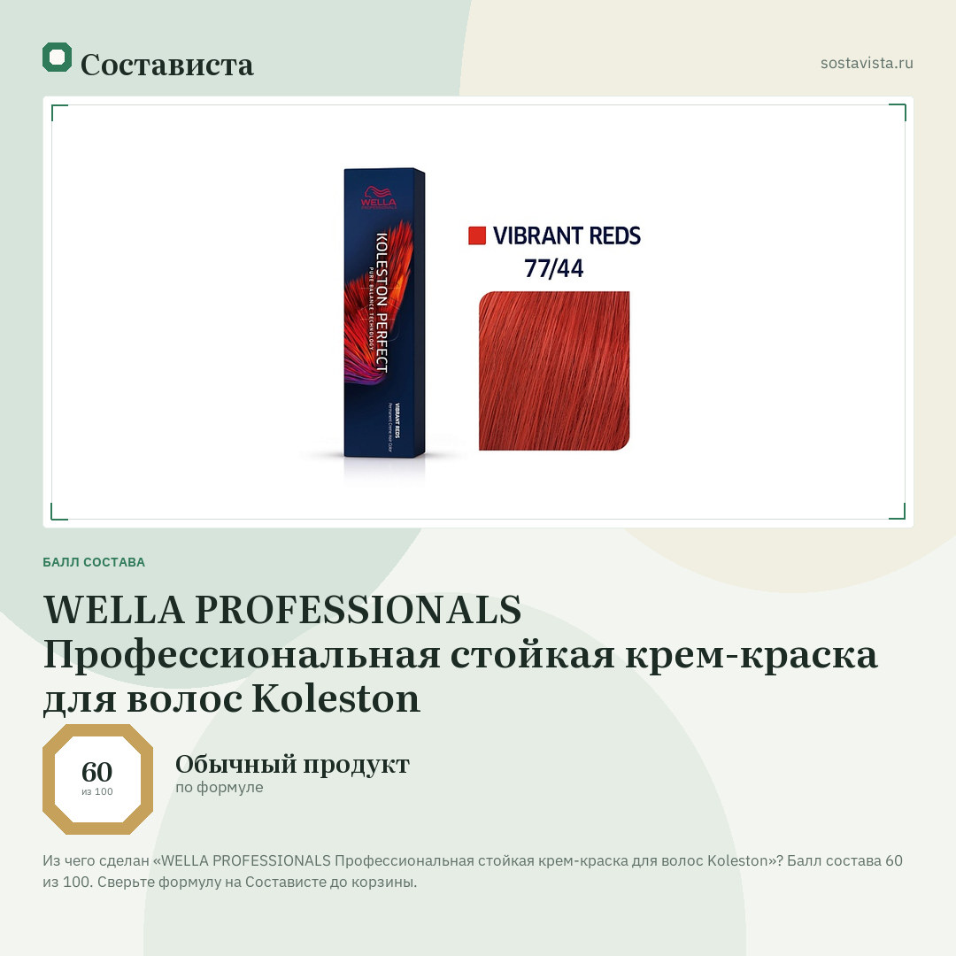 WELLA PROFESSIONALS Профессиональная стойкая крем-краска для волос Koleston: балл состава 60 из 100 — Состависта