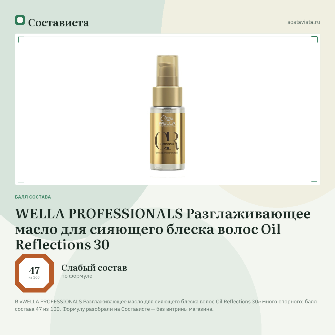 WELLA PROFESSIONALS Разглаживающее масло для сияющего блеска волоc Oil Reflections 30: балл состава 47 из 100 — Состависта