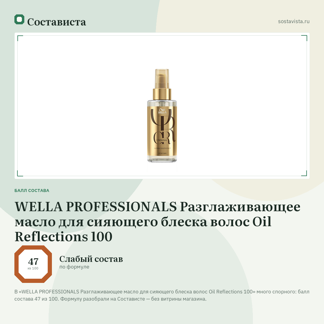 WELLA PROFESSIONALS Разглаживающее масло для сияющего блеска волоc Oil Reflections 100: балл состава 47 из 100 — Состависта
