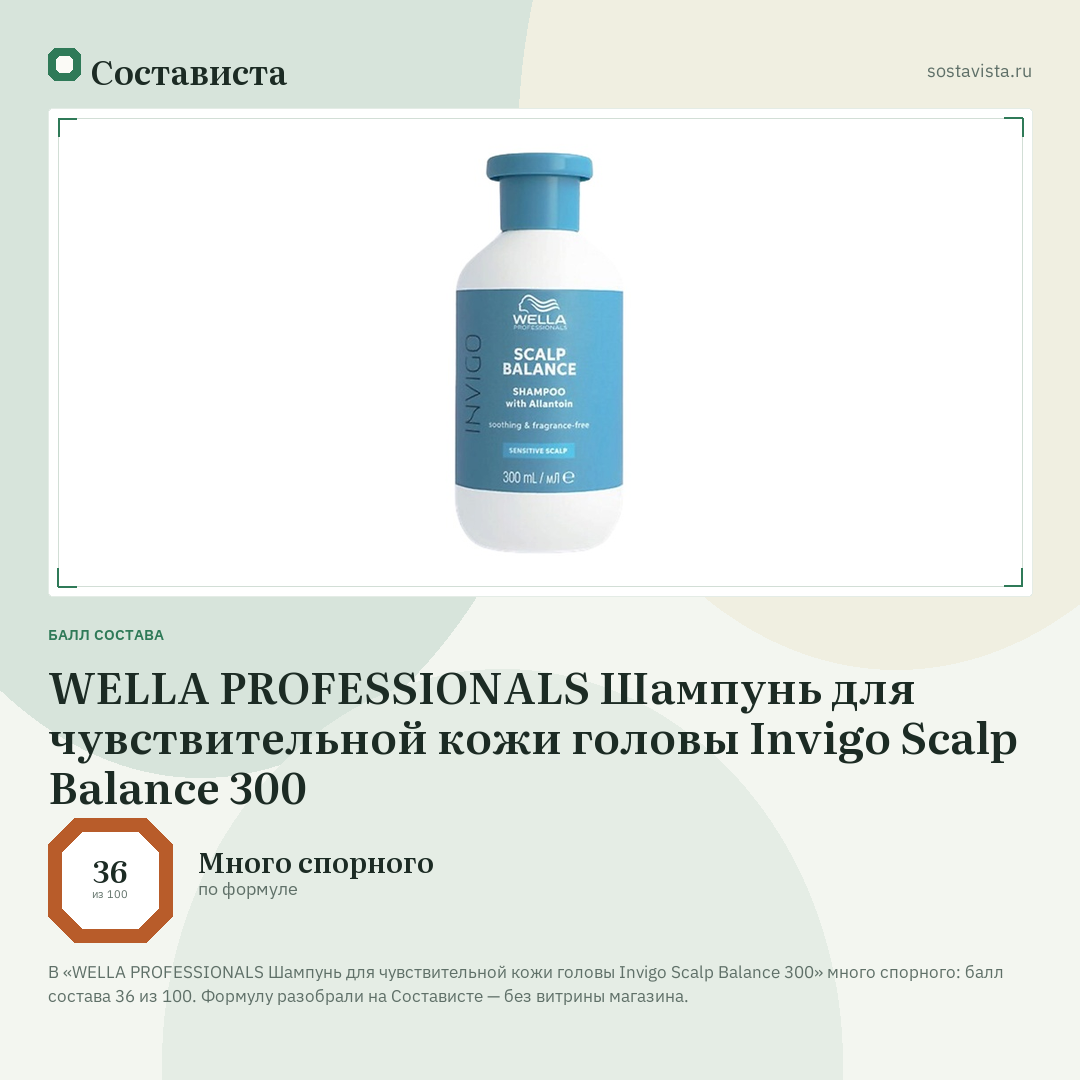 WELLA PROFESSIONALS Шампунь для чувствительной кожи головы Invigo Scalp Balance 300: балл состава 36 из 100 — Состависта