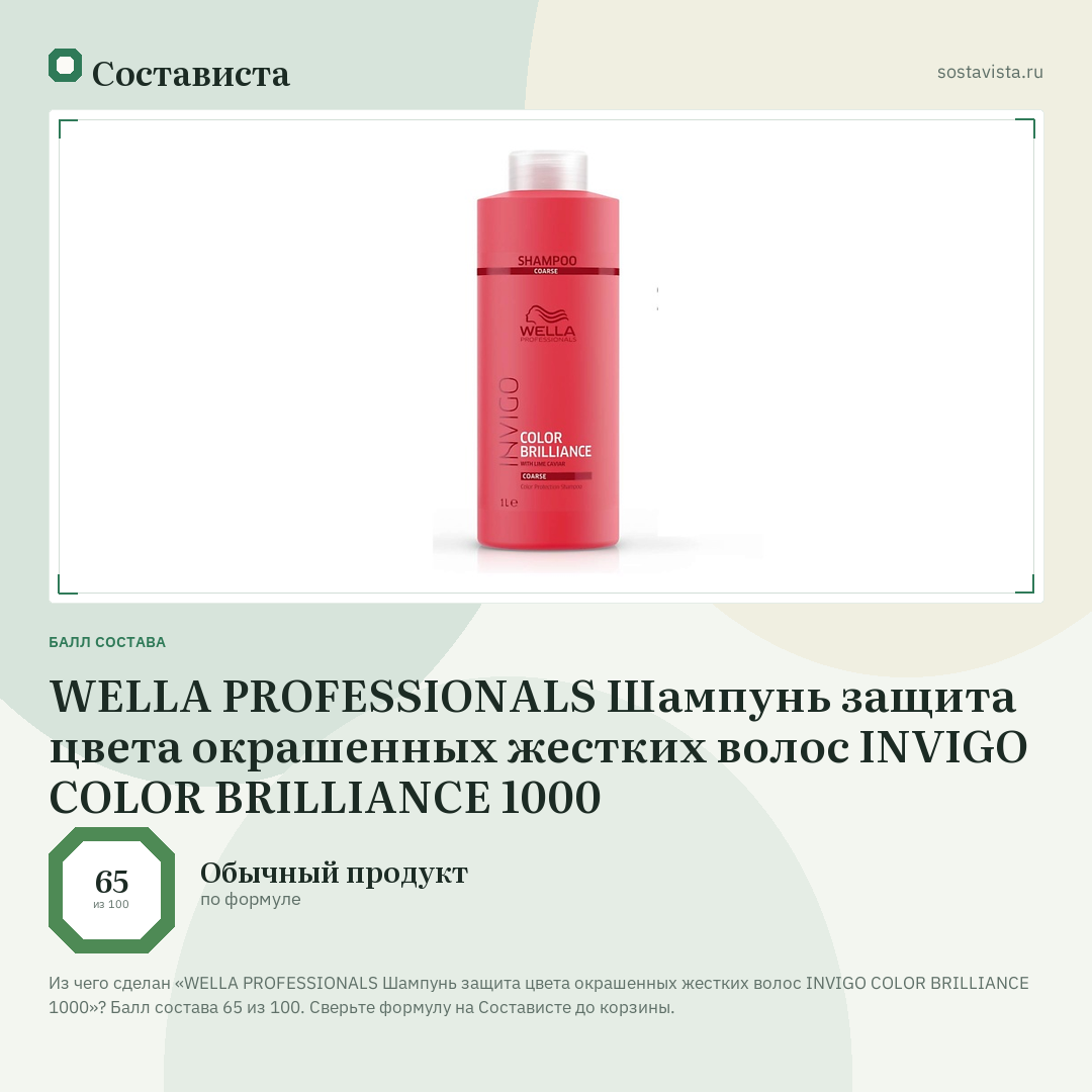 WELLA PROFESSIONALS Шампунь защита цвета окрашенных жестких волос INVIGO COLOR BRILLIANCE 1000: балл состава 65 из 100 — Состависта