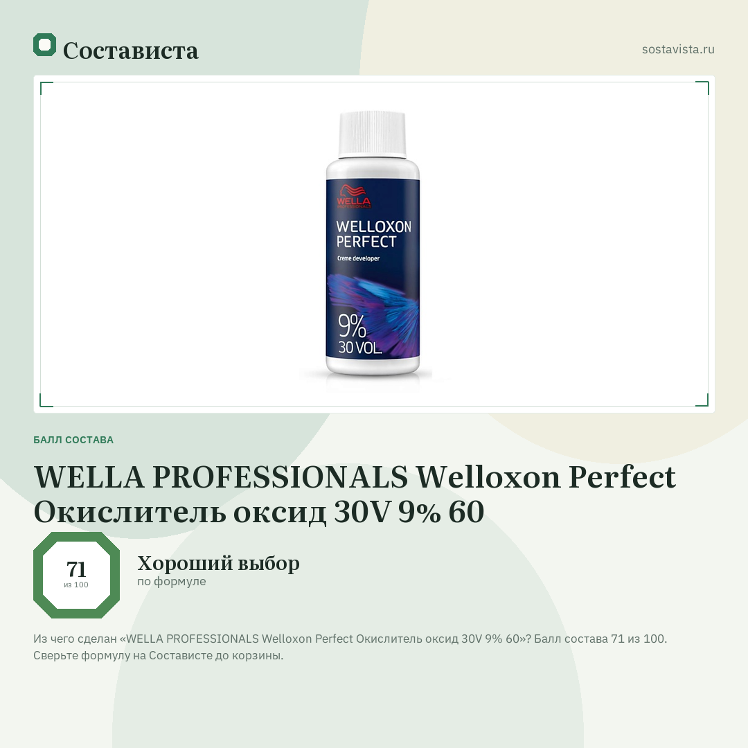 WELLA PROFESSIONALS Welloxon Perfect Окислитель оксид 30V 9% 60: балл состава 71 из 100 — Состависта