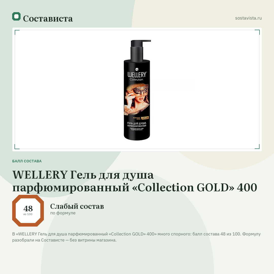 WELLERY Гель для душа парфюмированный «Collection GOLD» 400: балл состава 48 из 100 — Состависта