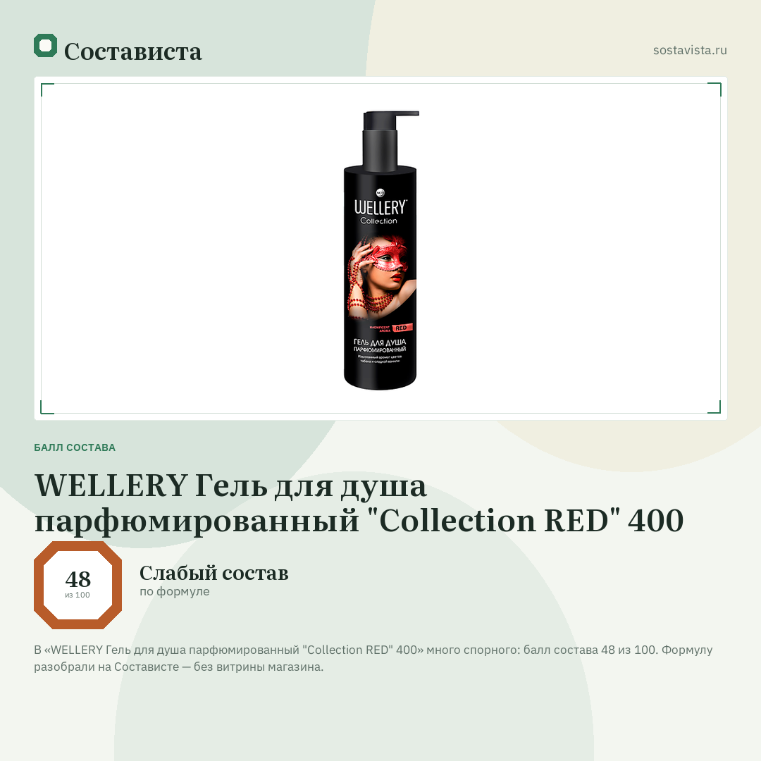 WELLERY Гель для душа парфюмированный "Collection RED" 400: балл состава 48 из 100 — Состависта
