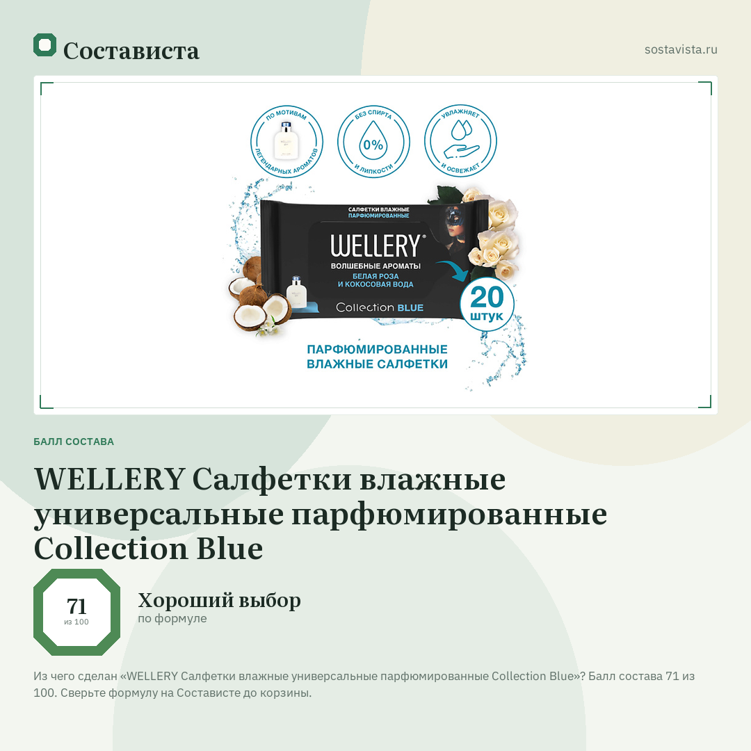 WELLERY Салфетки влажные универсальные парфюмированные Collection Blue: балл состава 71 из 100 — Состависта
