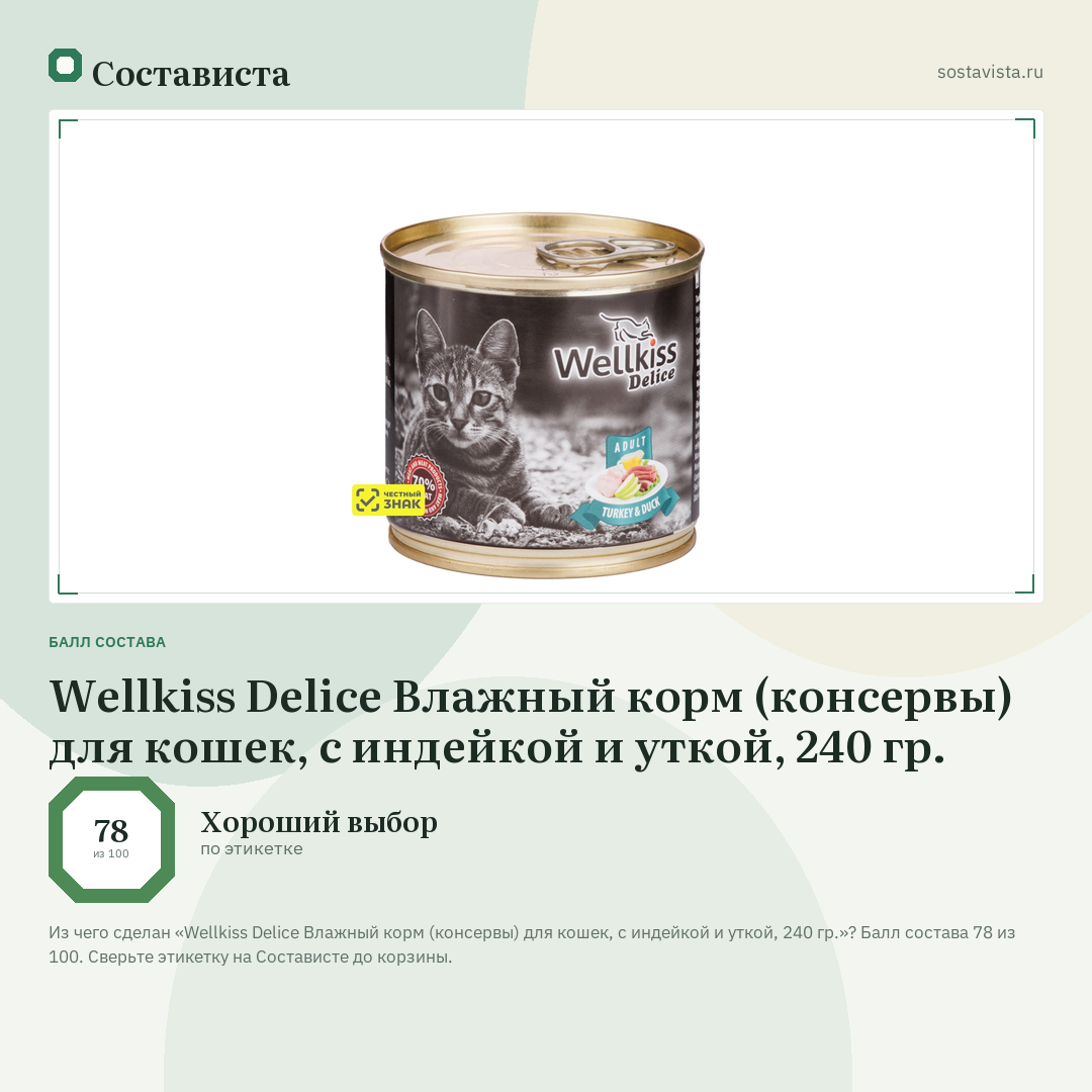 Wellkiss Delice Влажный корм (консервы) для кошек, с индейкой и уткой, 240 гр.: балл состава 78 из 100 — Состависта