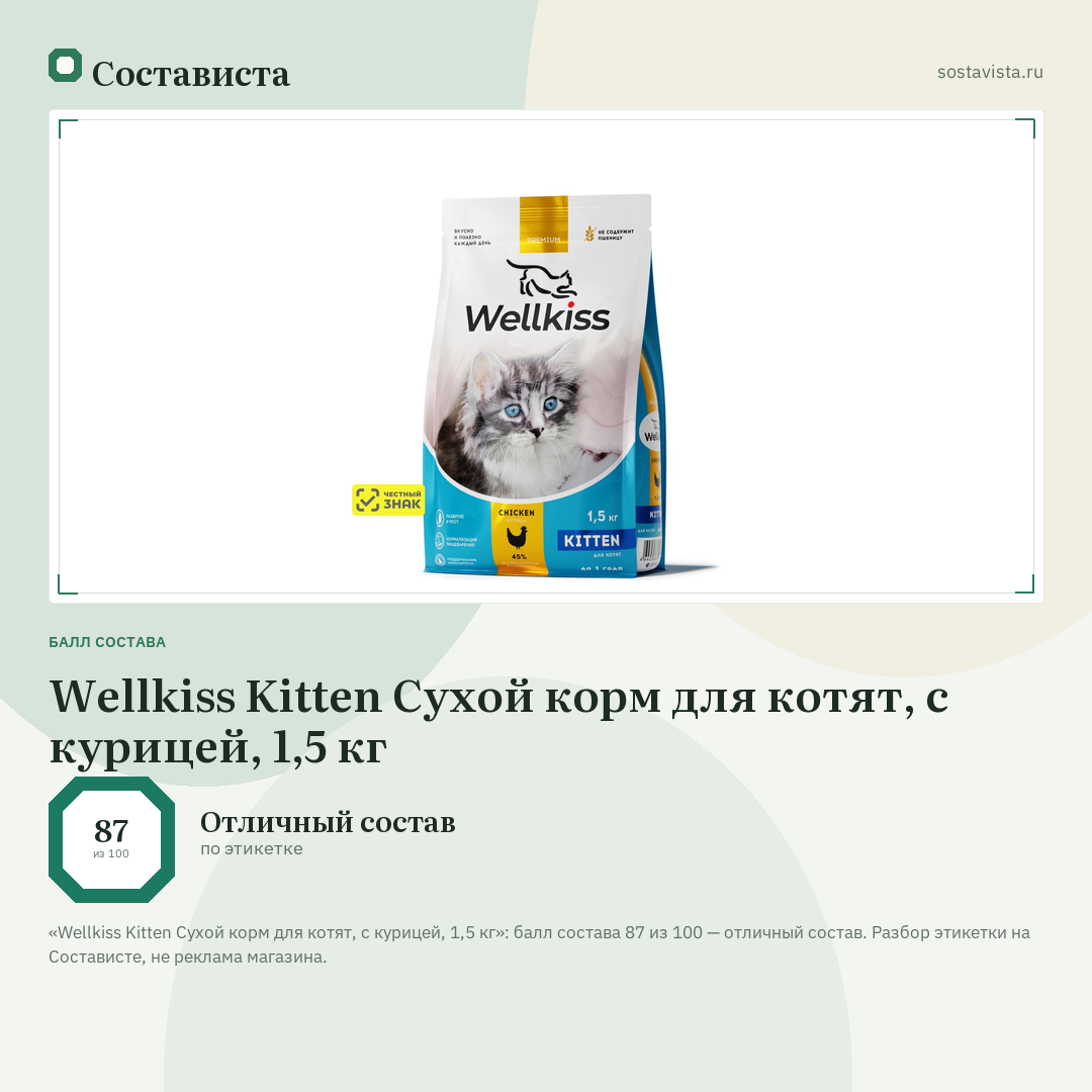 Wellkiss Kitten Сухой корм для котят, с курицей, 1,5 кг: балл состава 87 из 100 — Состависта