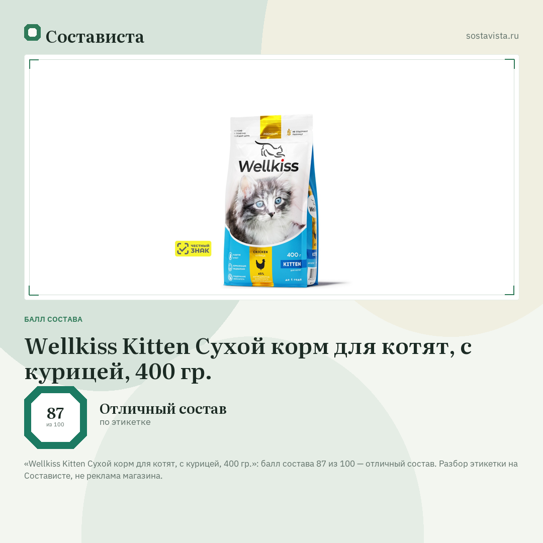 Wellkiss Kitten Сухой корм для котят, с курицей, 400 гр.: балл состава 87 из 100 — Состависта