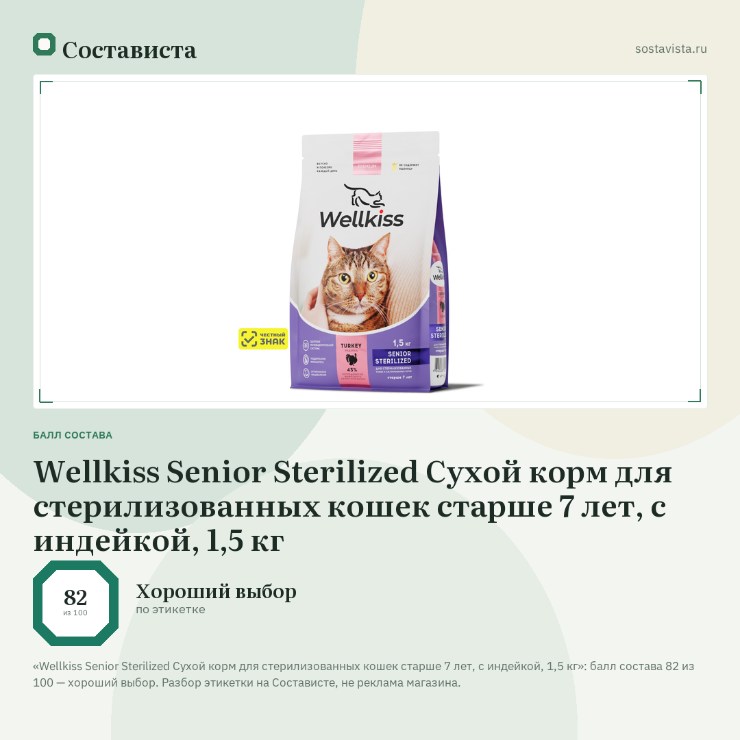 Wellkiss Senior Sterilized Сухой корм для стерилизованных кошек старше 7 лет, с индейкой, 1,5 кг: балл состава 82 из 100 — Состависта