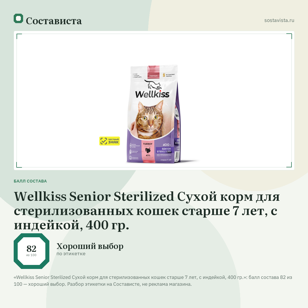 Wellkiss Senior Sterilized Сухой корм для стерилизованных кошек старше 7 лет, с индейкой, 400 гр.: балл состава 82 из 100 — Состависта