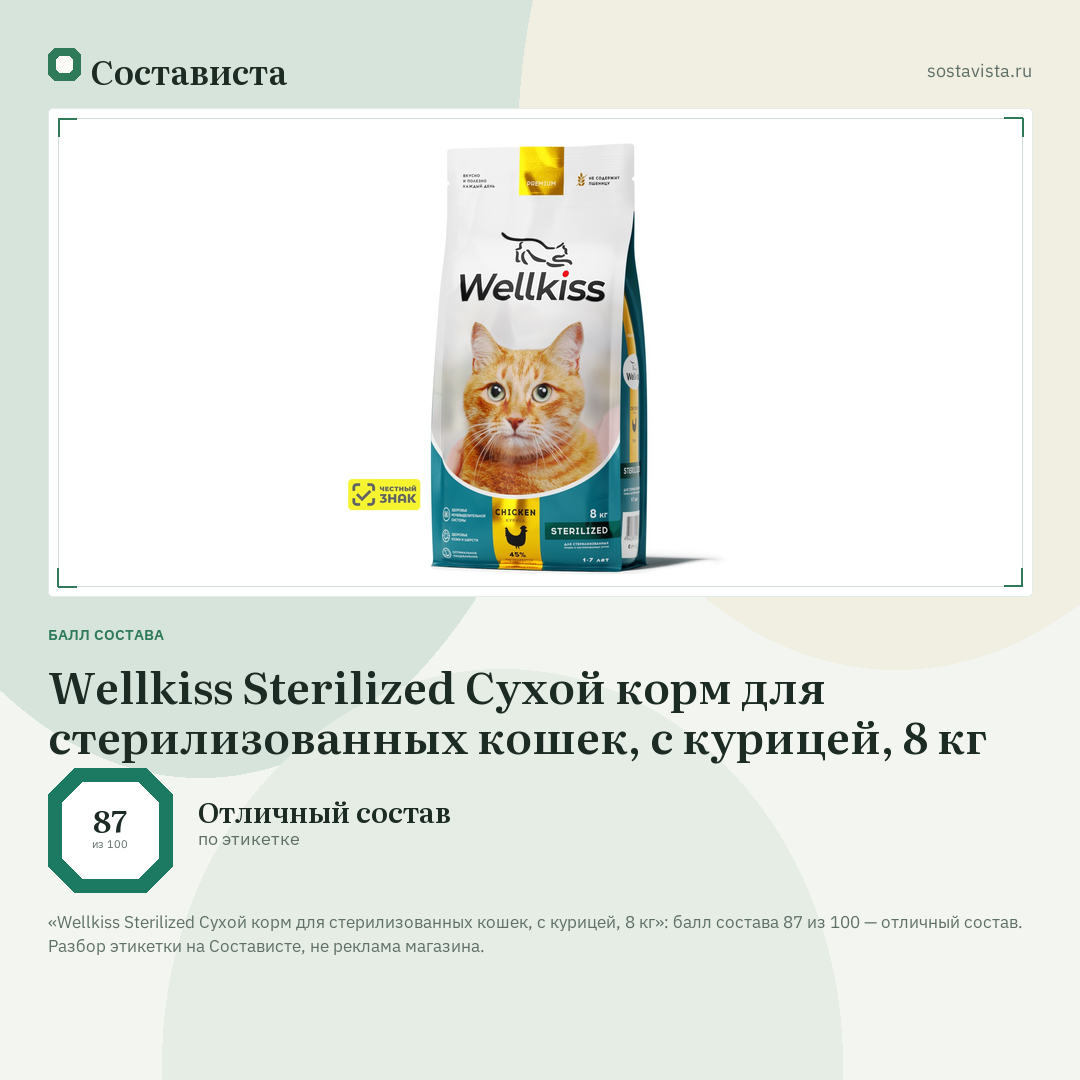 Wellkiss Sterilized Сухой корм для стерилизованных кошек, с курицей, 8 кг: балл состава 87 из 100 — Состависта