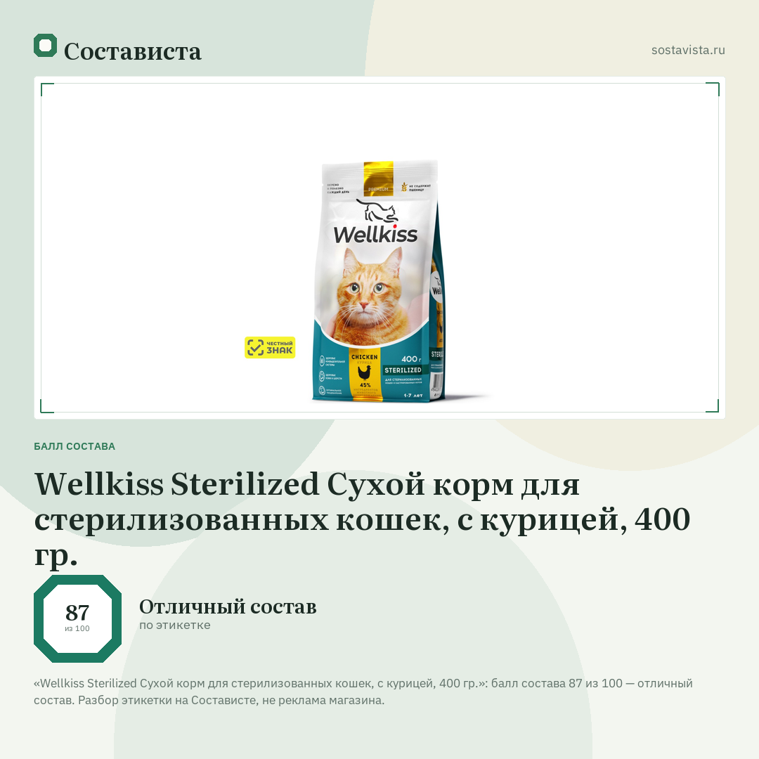 Wellkiss Sterilized Сухой корм для стерилизованных кошек, с курицей, 400 гр.: балл состава 87 из 100 — Состависта