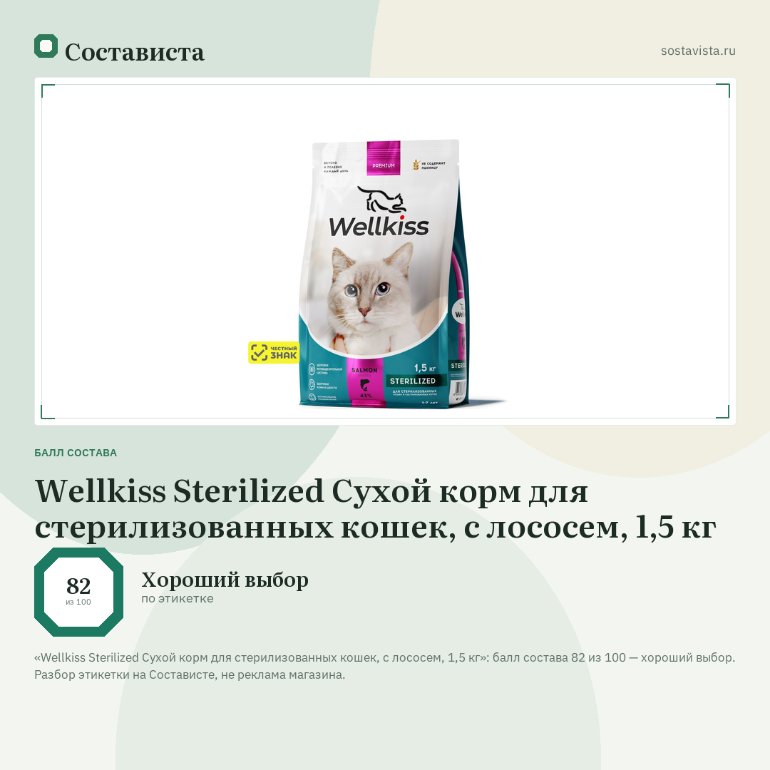 Wellkiss Sterilized Сухой корм для стерилизованных кошек, с лососем, 1,5 кг: балл состава 82 из 100 — Состависта