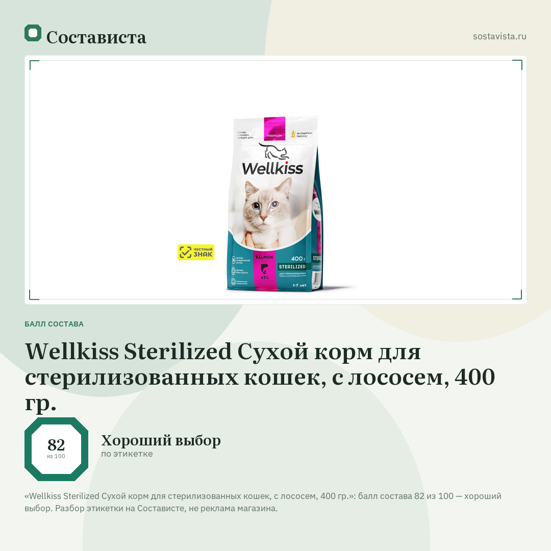 Wellkiss Sterilized Сухой корм для стерилизованных кошек, с лососем, 400 гр.: балл состава 82 из 100 — Состависта