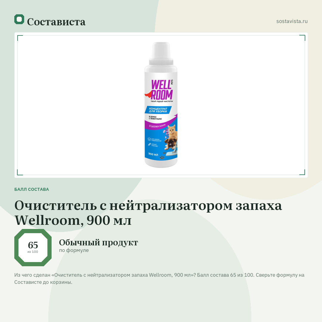 Очиститель с нейтрализатором запаха Wellroom, 900 мл: балл состава 65 из 100 — Состависта