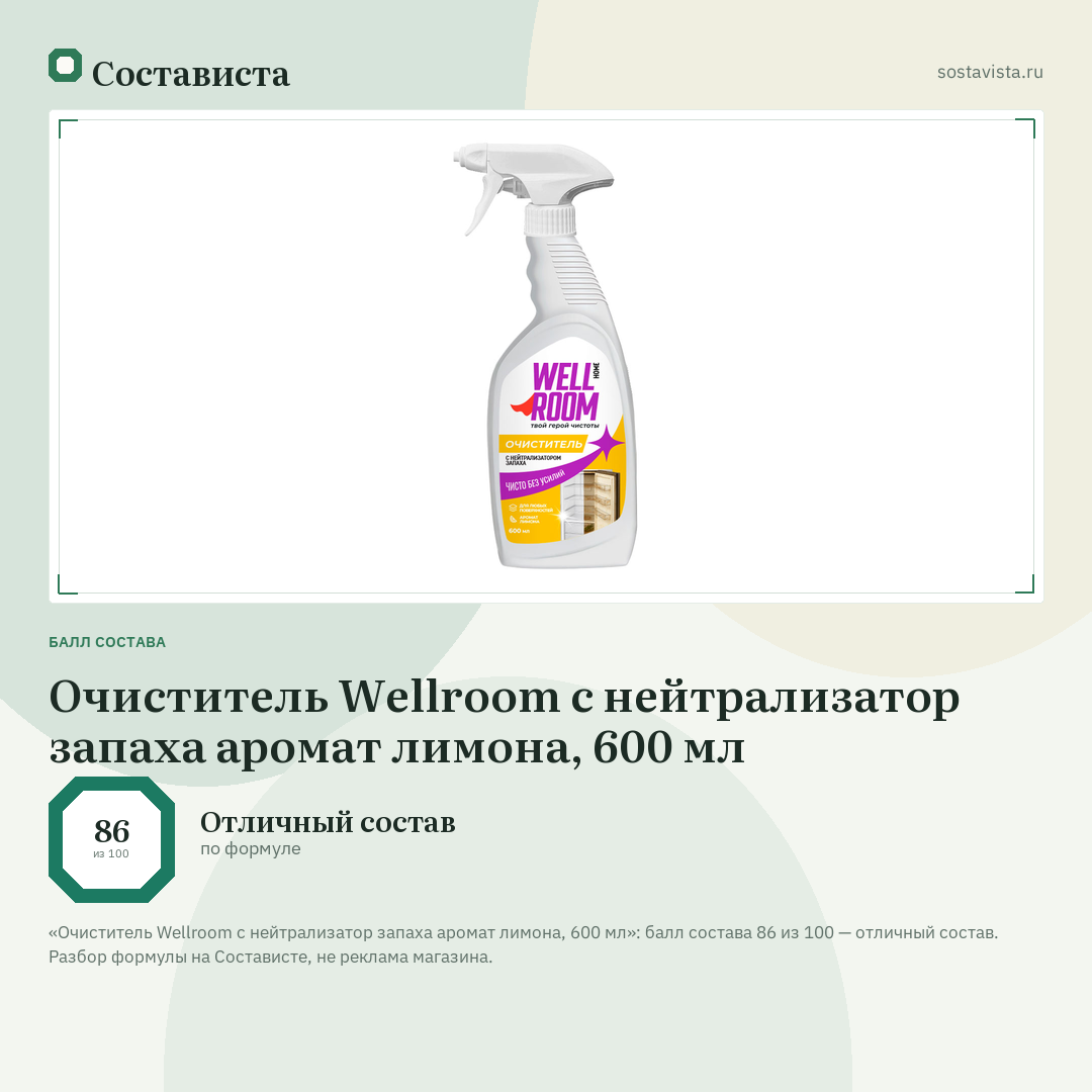 Очиститель Wellroom с нейтрализатор запаха аромат лимона, 600 мл: балл состава 86 из 100 — Состависта