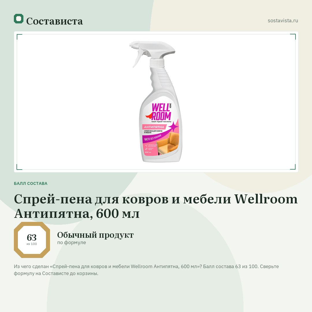 Спрей-пена для ковров и мебели Wellroom Антипятна, 600 мл: балл состава 63 из 100 — Состависта