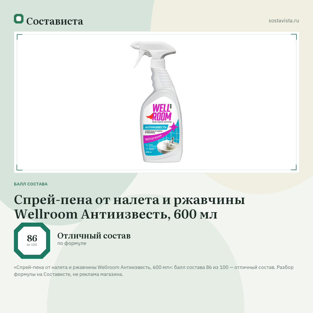 Спрей-пена от налета и ржавчины Wellroom Антиизвесть, 600 мл: балл состава 86 из 100 — Состависта