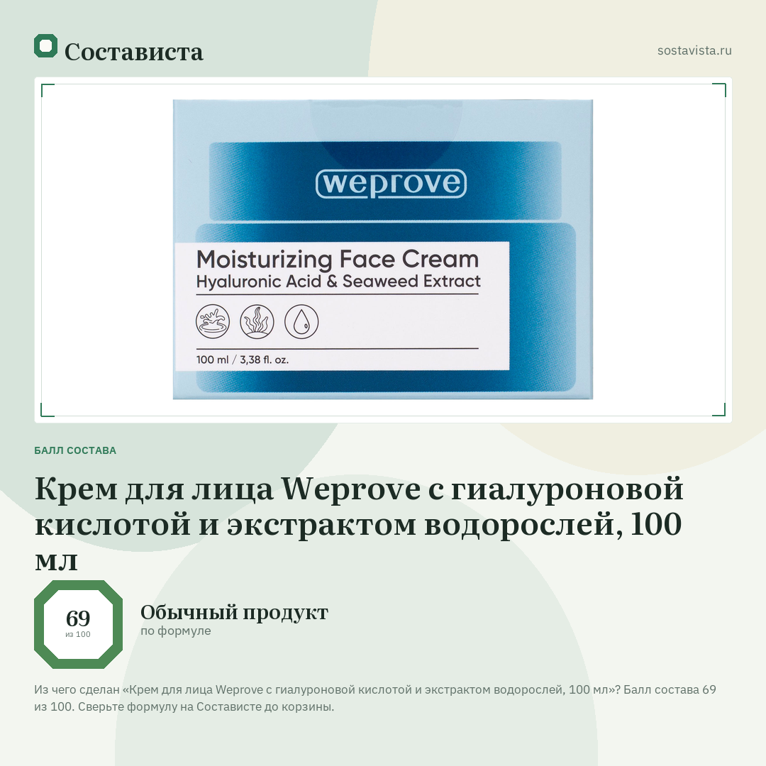 Крем для лица Weprove с гиалуроновой кислотой и экстрактом водорослей, 100 мл: балл состава 69 из 100 — Состависта