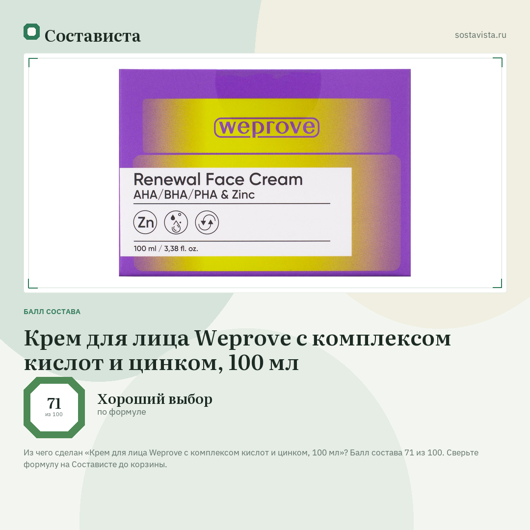 Крем для лица Weprove с комплексом кислот и цинком, 100 мл: балл состава 71 из 100 — Состависта