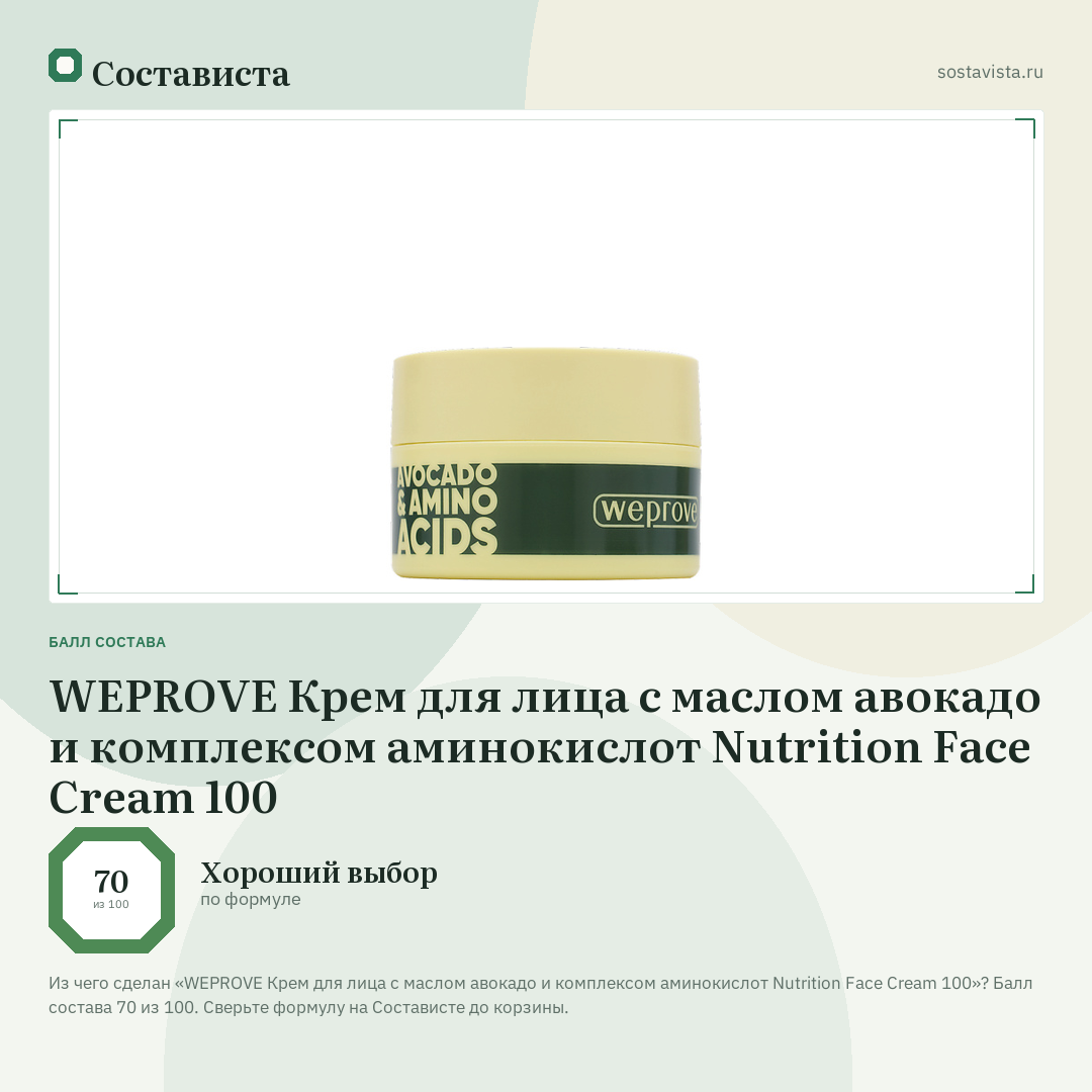 WEPROVE Крем для лица с маслом авокадо и комплексом аминокислот Nutrition Face Cream 100: балл состава 70 из 100 — Состависта
