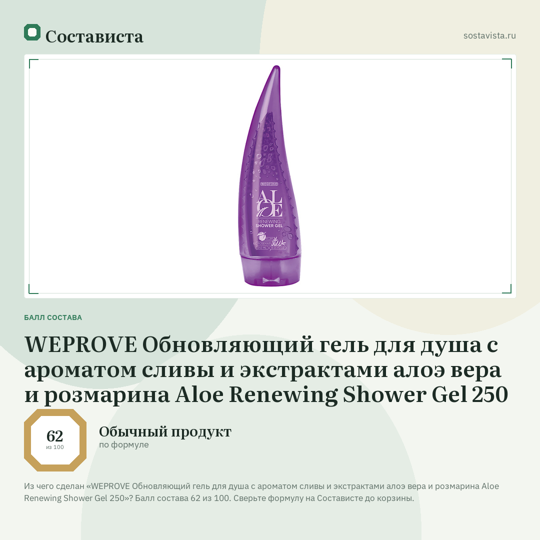 WEPROVE Обновляющий гель для душа с ароматом сливы и экстрактами алоэ вера и розмарина Aloe Renewing Shower Gel 250: балл состава 62 из 100 — Состависта