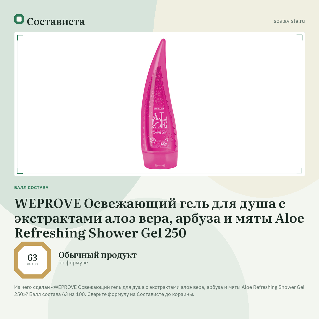 WEPROVE Освежающий гель для душа с экстрактами алоэ вера, арбуза и мяты Aloe Refreshing Shower Gel 250: балл состава 63 из 100 — Состависта