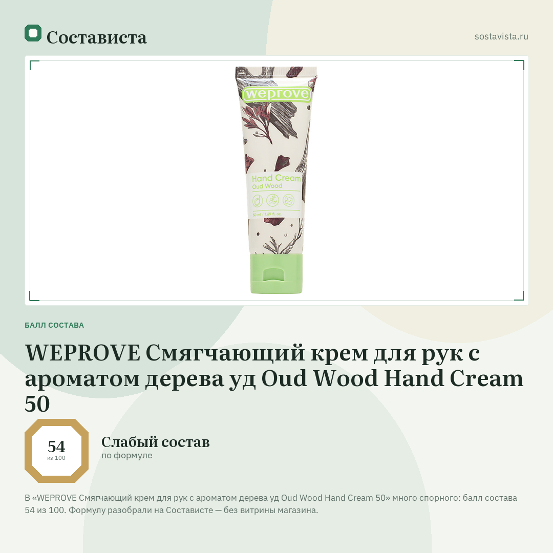 WEPROVE Смягчающий крем для рук с ароматом дерева уд Oud Wood Hand Cream 50: балл состава 54 из 100 — Состависта