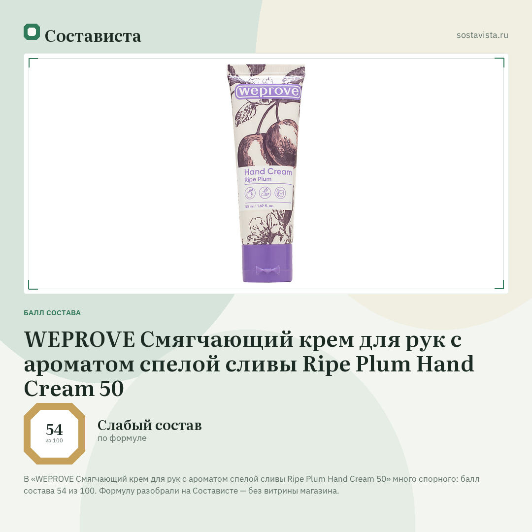 WEPROVE Смягчающий крем для рук с ароматом спелой сливы Ripe Plum Hand Cream 50: балл состава 54 из 100 — Состависта