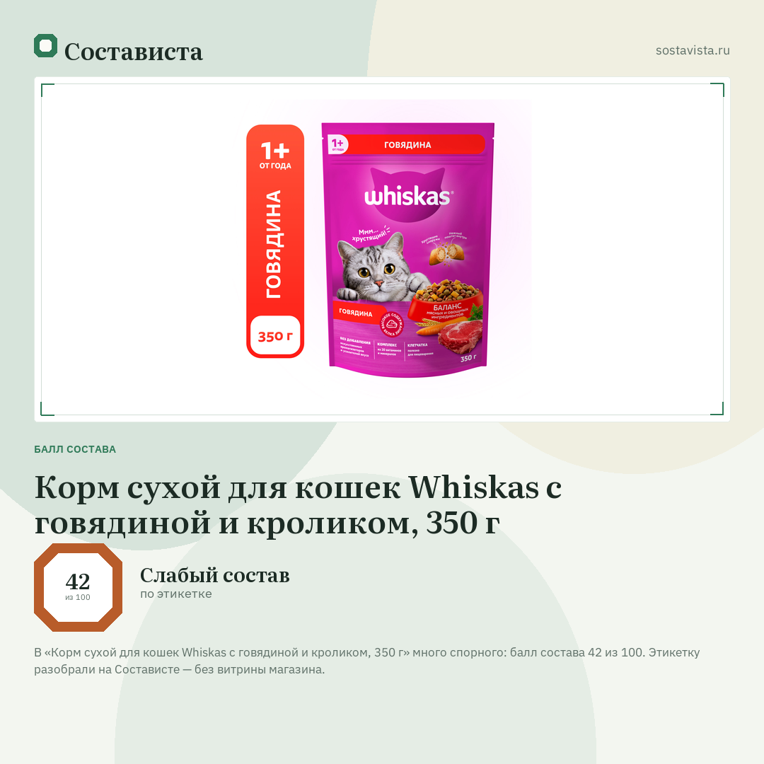 Корм сухой для кошек Whiskas с говядиной и кроликом, 350 г: балл состава 42 из 100 — Состависта
