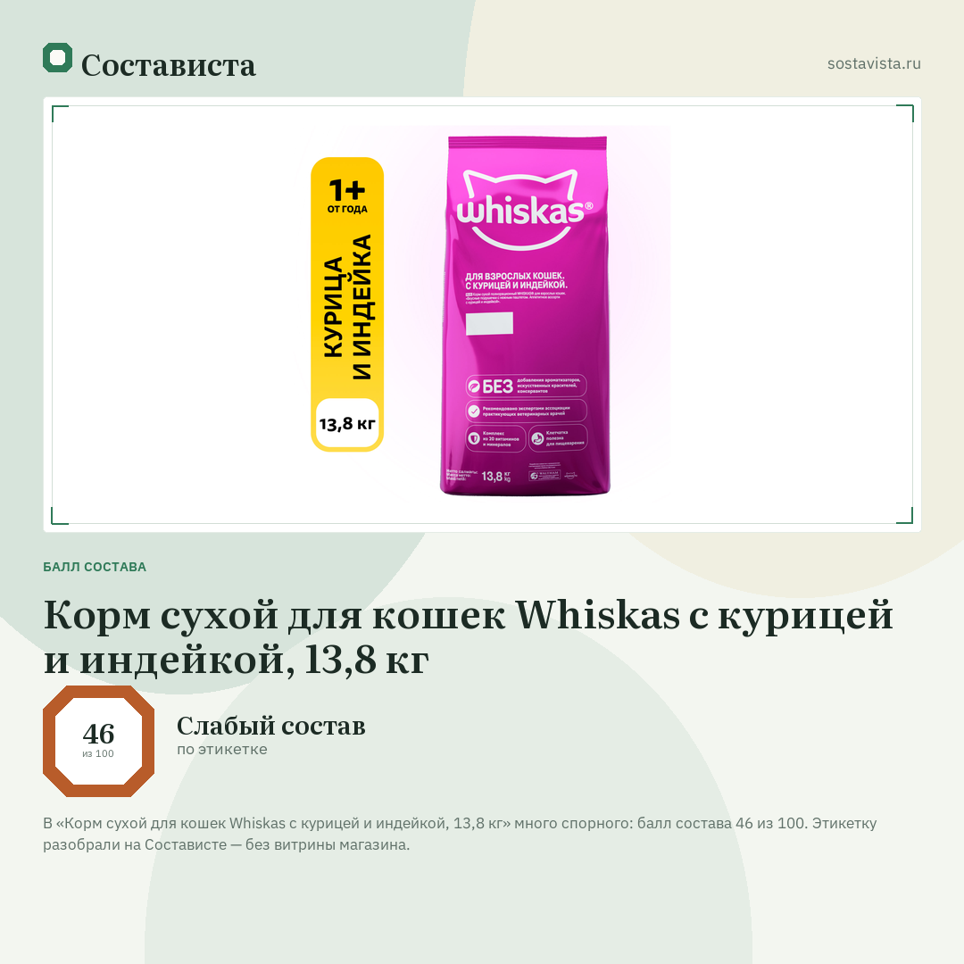 Корм сухой для кошек Whiskas с курицей и индейкой, 13,8 кг: балл состава 46 из 100 — Состависта