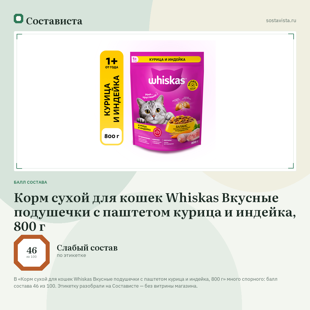 Корм сухой для кошек Whiskas Вкусные подушечки с паштетом курица и индейка, 800 г: балл состава 46 из 100 — Состависта