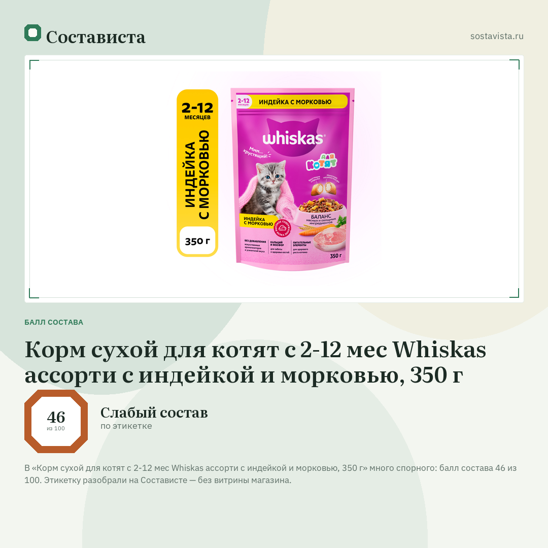 Корм сухой для котят с 2-12 мес Whiskas ассорти с индейкой и морковью, 350 г: балл состава 46 из 100 — Состависта