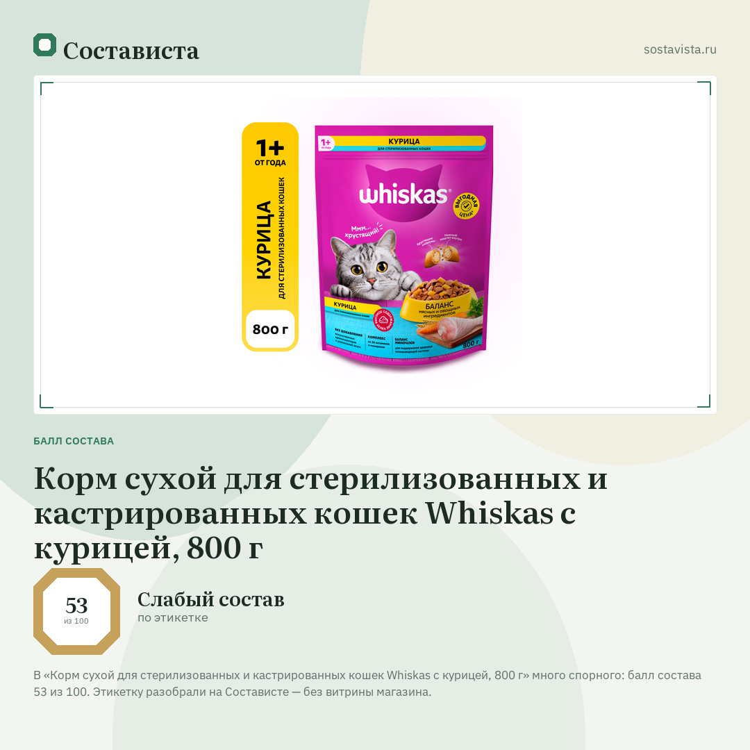 Корм сухой для стерилизованных и кастрированных кошек Whiskas с курицей, 800 г: балл состава 53 из 100 — Состависта