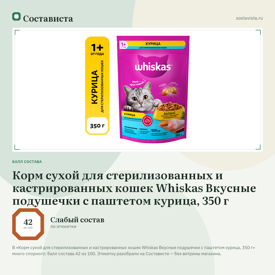 Корм сухой для стерилизованных и кастрированных кошек Whiskas Вкусные подушечки с паштетом курица, 350 г: балл состава 42 из 100 — Состависта