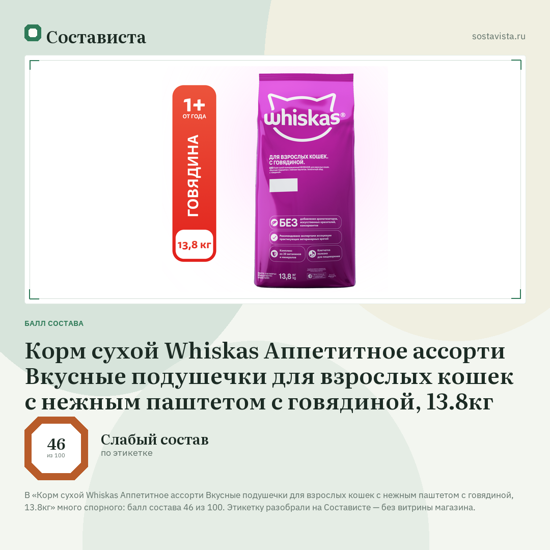 Корм сухой Whiskas Аппетитное ассорти Вкусные подушечки для взрослых кошек с нежным паштетом с говядиной, 13.8кг: балл состава 46 из 100 — Состависта