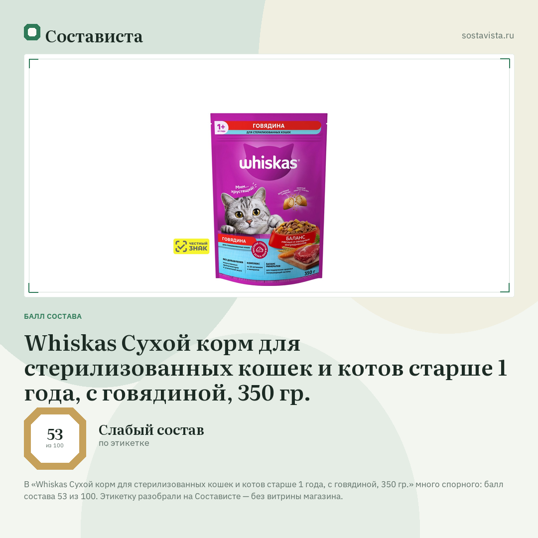 Whiskas Сухой корм для стерилизованных кошек и котов старше 1 года, с говядиной, 350 гр.: балл состава 53 из 100 — Состависта