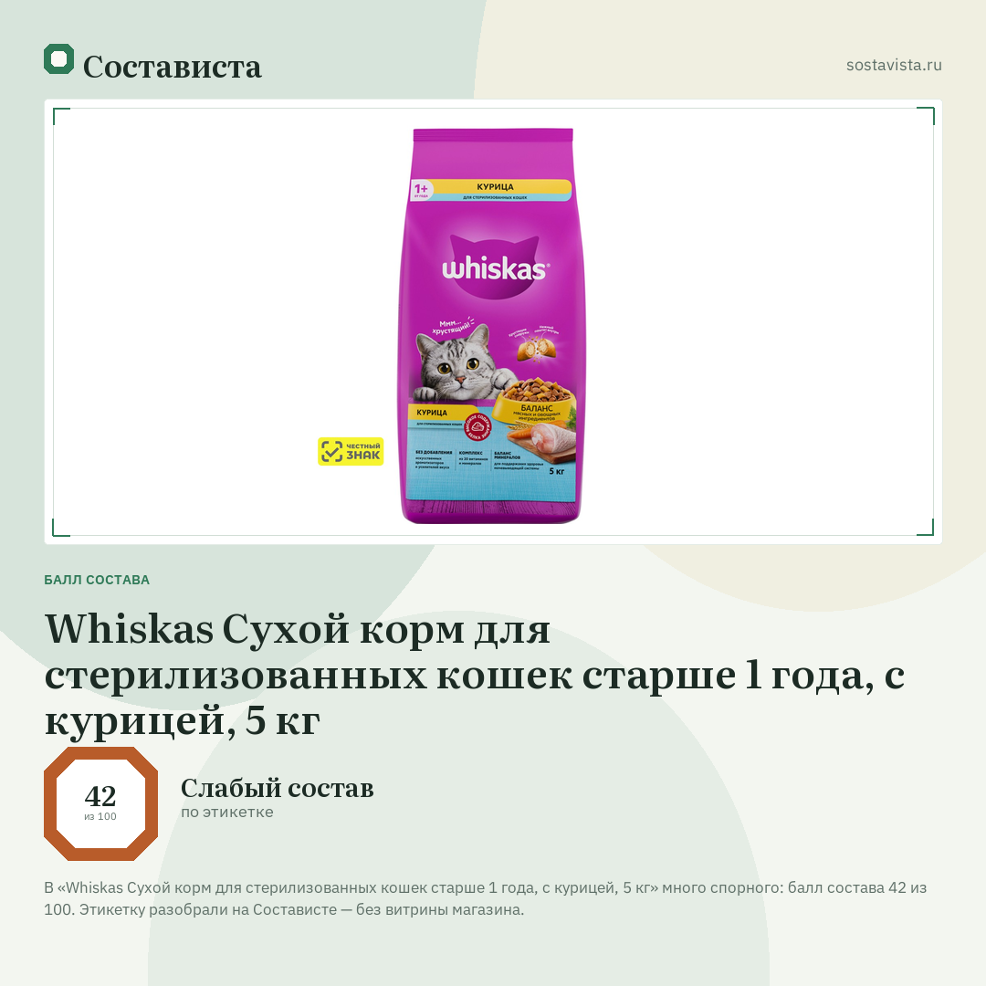 Whiskas Сухой корм для стерилизованных кошек старше 1 года, с курицей, 5 кг: балл состава 42 из 100 — Состависта
