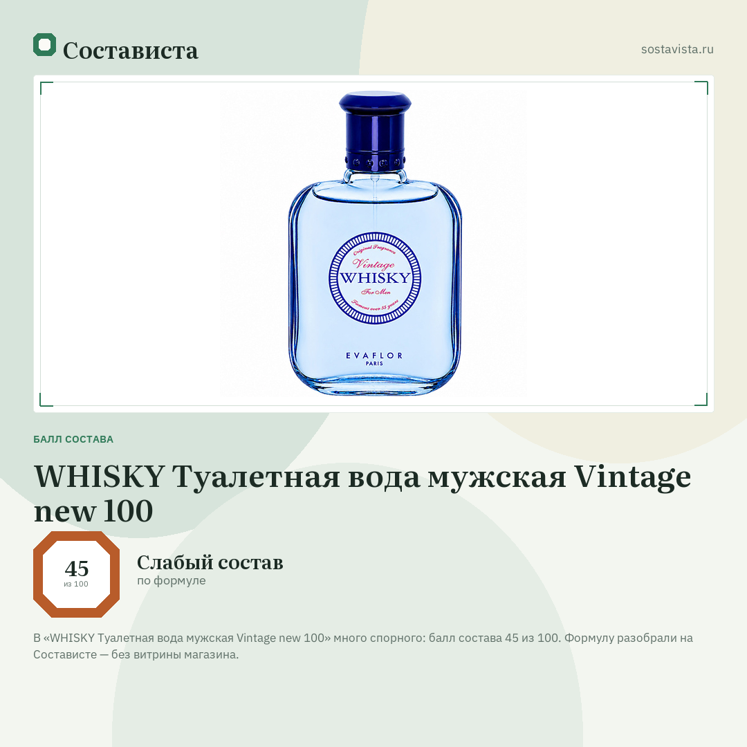 WHISKY Туалетная вода мужская Vintage new 100: балл состава 45 из 100 — Состависта