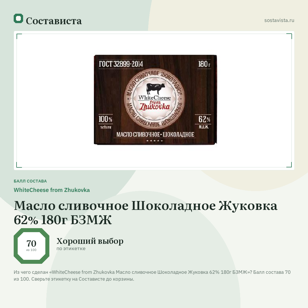 WhiteCheese from Zhukovka Масло сливочное Шоколадное Жуковка 62% 180г БЗМЖ: балл состава 70 из 100 — Состависта
