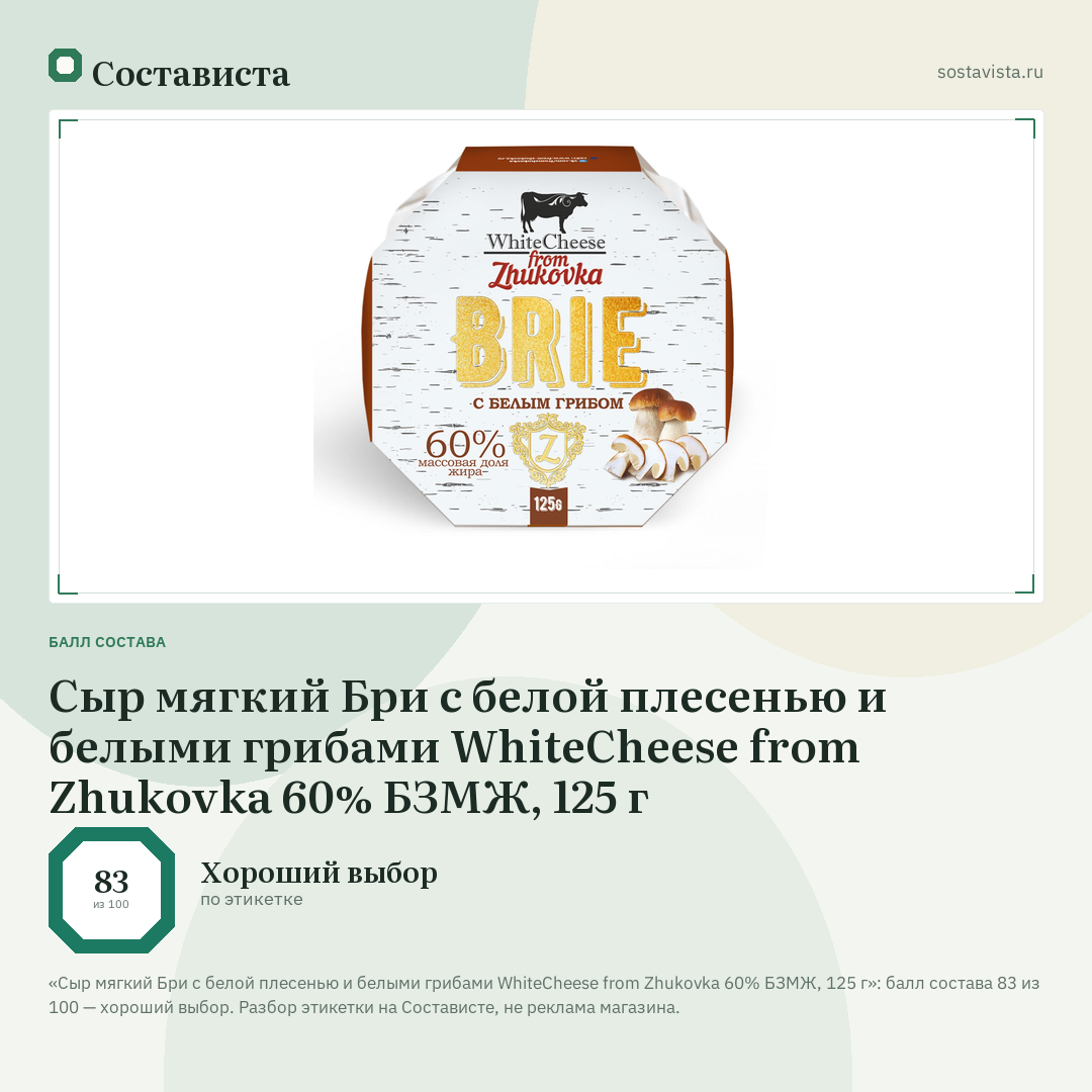 Сыр мягкий Бри с белой плесенью и белыми грибами WhiteCheese from Zhukovka 60% БЗМЖ, 125 г: балл состава 83 из 100 — Состависта