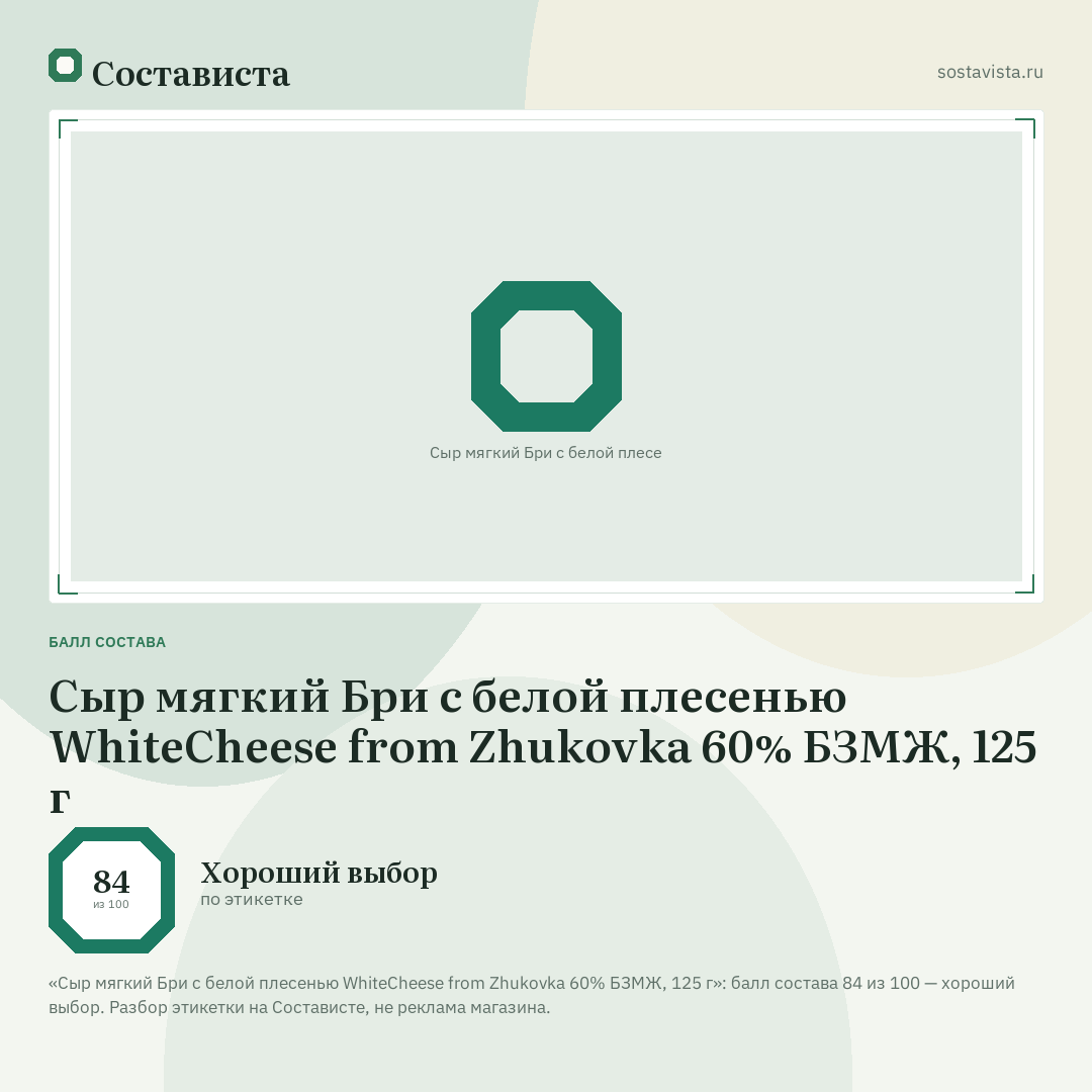 Сыр мягкий Бри с белой плесенью WhiteCheese from Zhukovka 60% БЗМЖ, 125 г: балл состава 84 из 100 — Состависта