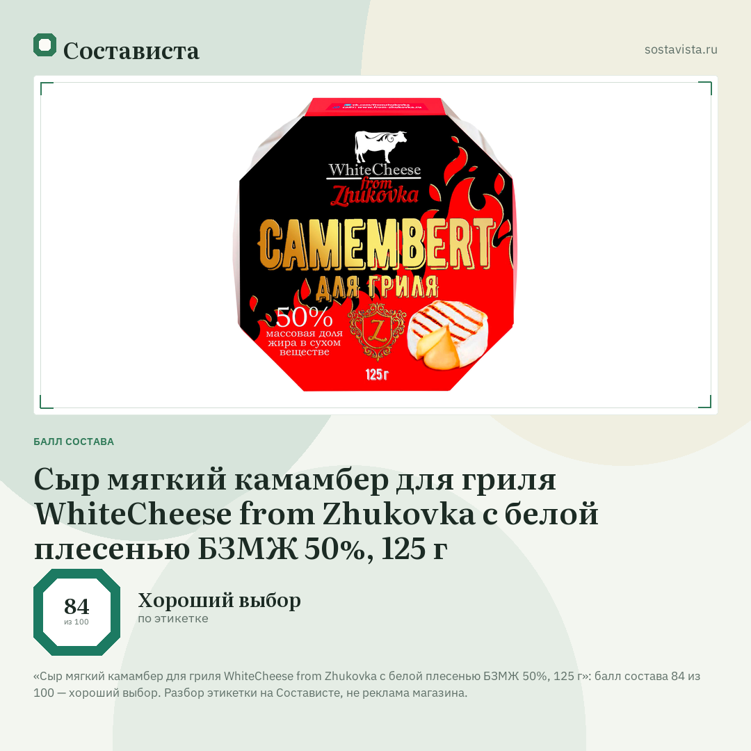 Сыр мягкий камамбер для гриля WhiteCheese from Zhukovka с белой плесенью БЗМЖ 50%, 125 г: балл состава 84 из 100 — Состависта