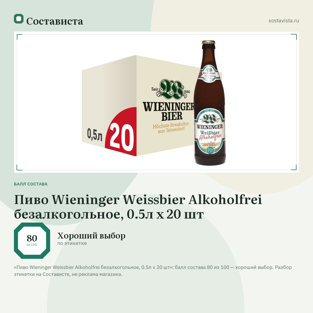 Пиво Wieninger Weissbier Alkoholfrei безалкогольное, 0.5л x 20 шт: балл состава 80 из 100 — Состависта