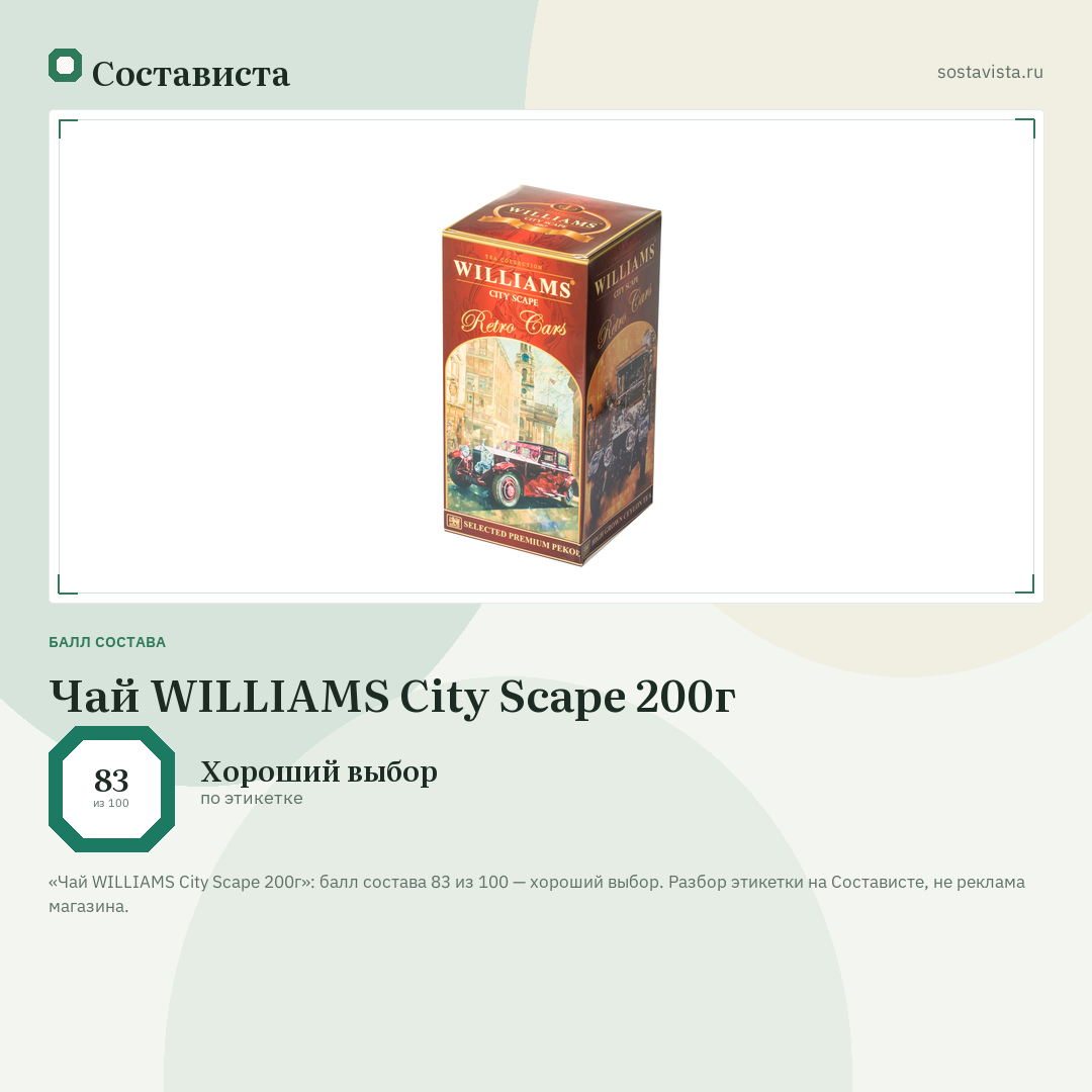 Чай WILLIAMS City Scape 200г: балл состава 83 из 100 — Состависта
