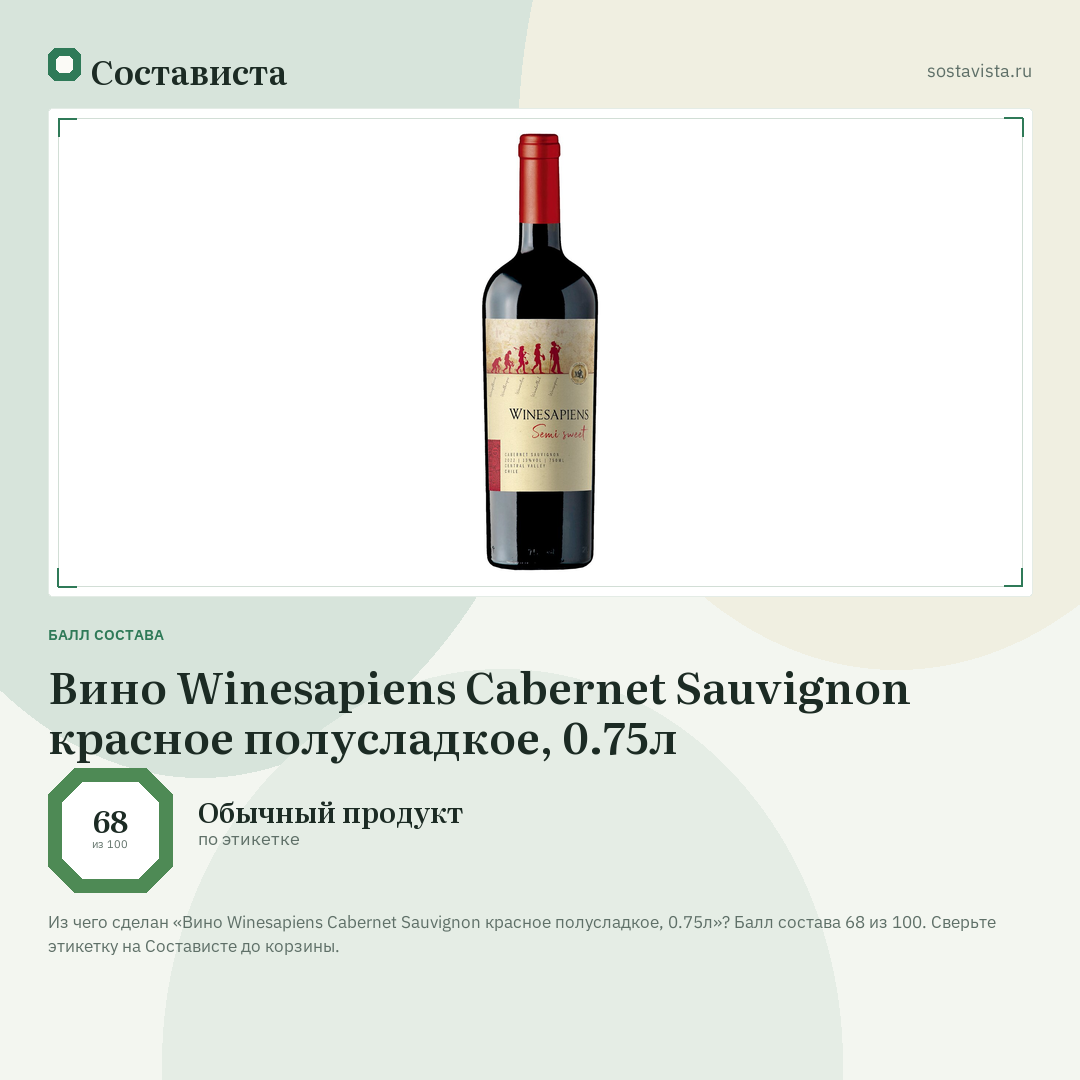 Вино Winesapiens Cabernet Sauvignon красное полусладкое, 0.75л: балл состава 68 из 100 — Состависта