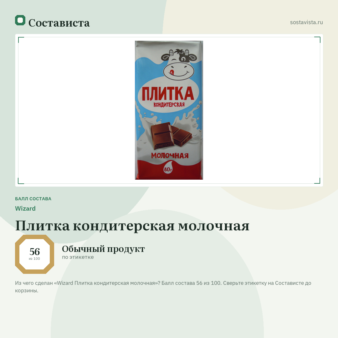 Wizard Плитка кондитерская молочная: балл состава 56 из 100 — Состависта